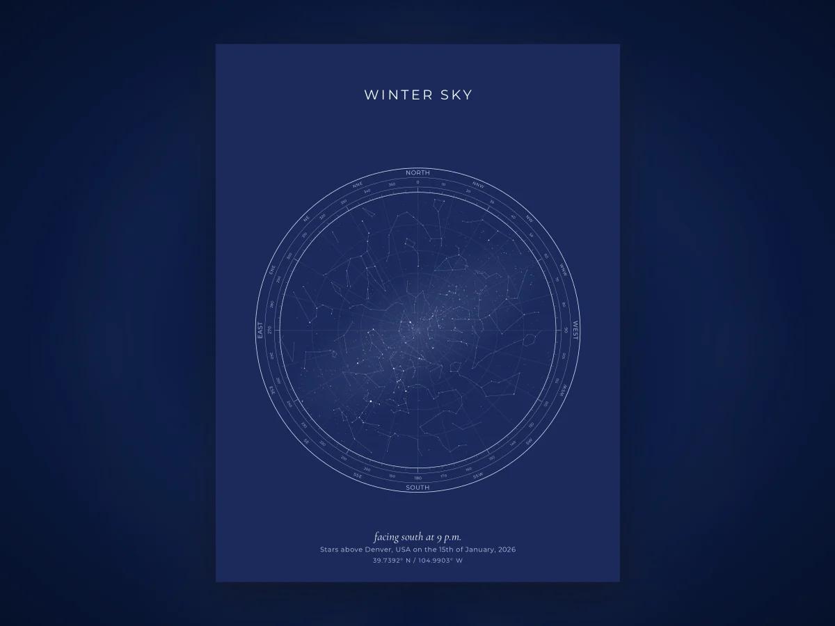 A star map centred on the winter sky, where several of the brightest stars cluster