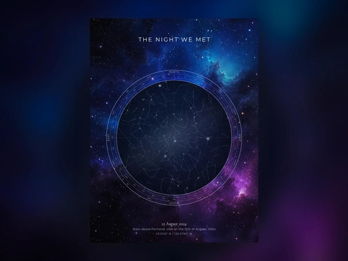A personalised star map of a real night, stars labelled by brightness