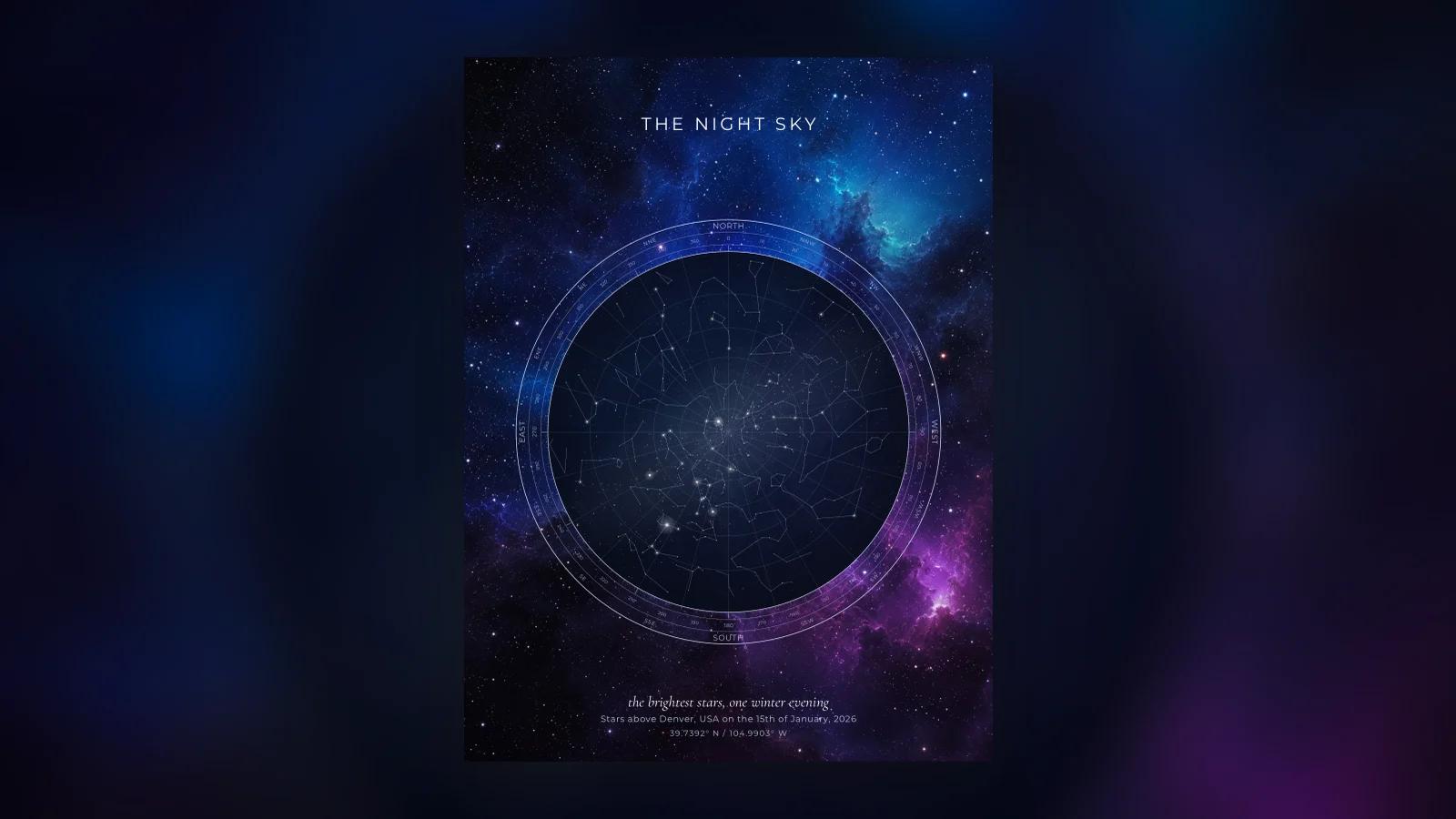 A wide night sky chart showing the brightest stars visible to the naked eye