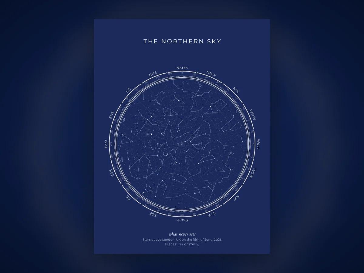 A star map from a northern mid-latitude city, showing the circumpolar constellations that never set
