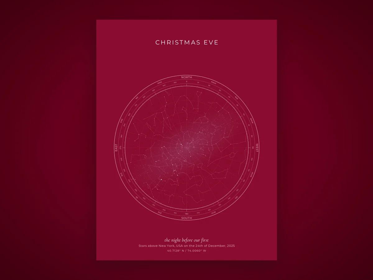 A star map keepsake of a Christmas Eve, in a deep red design
