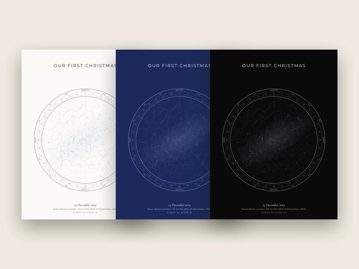 The same night in three different star map designs, side by side