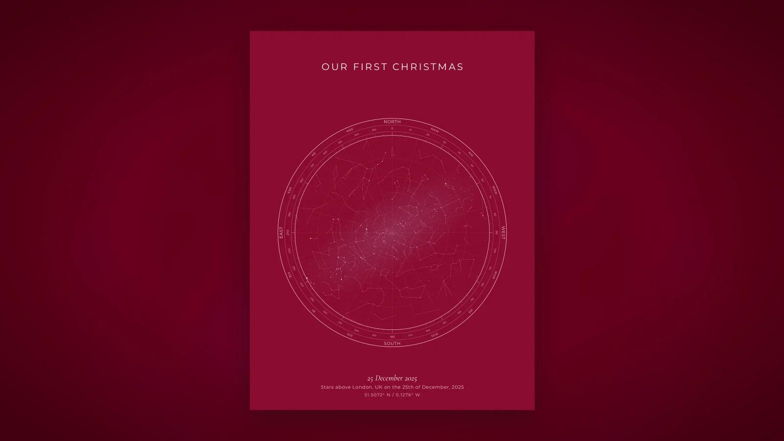 A star map of a couple’s first Christmas together, printed and framed