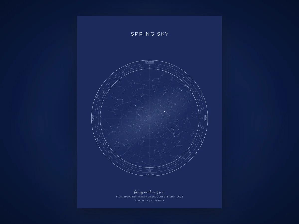 A star map showing the constellations visible on a spring evening