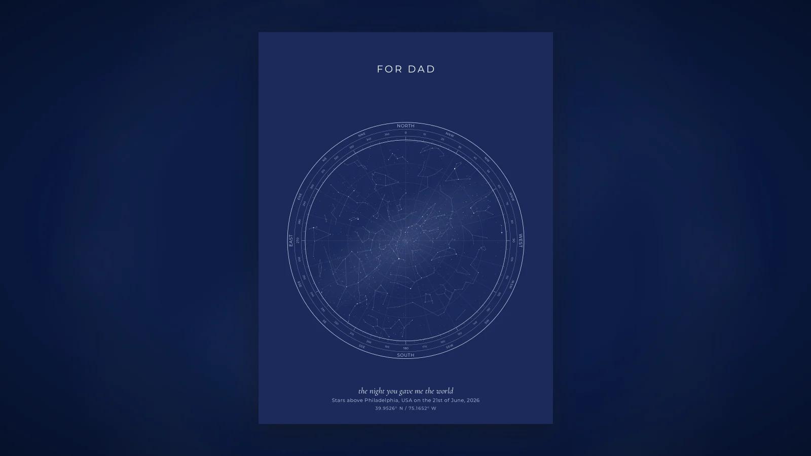 A star map given as a Father's Day gift, showing the sky the night a child was born