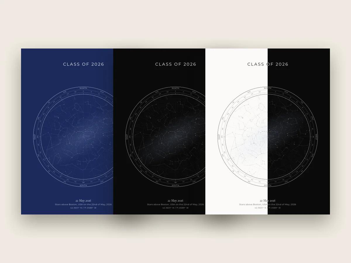 A star map keepsake of a graduation date in three design options