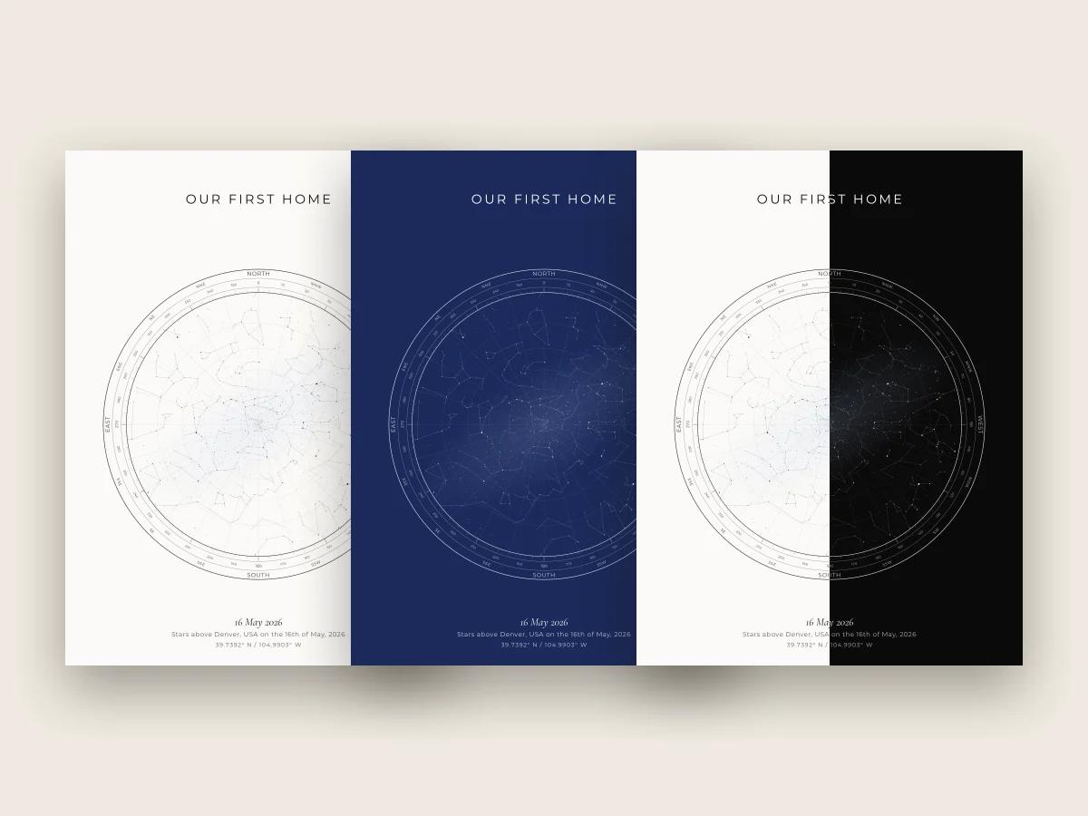 A star map keepsake for a new home, shown in three design options