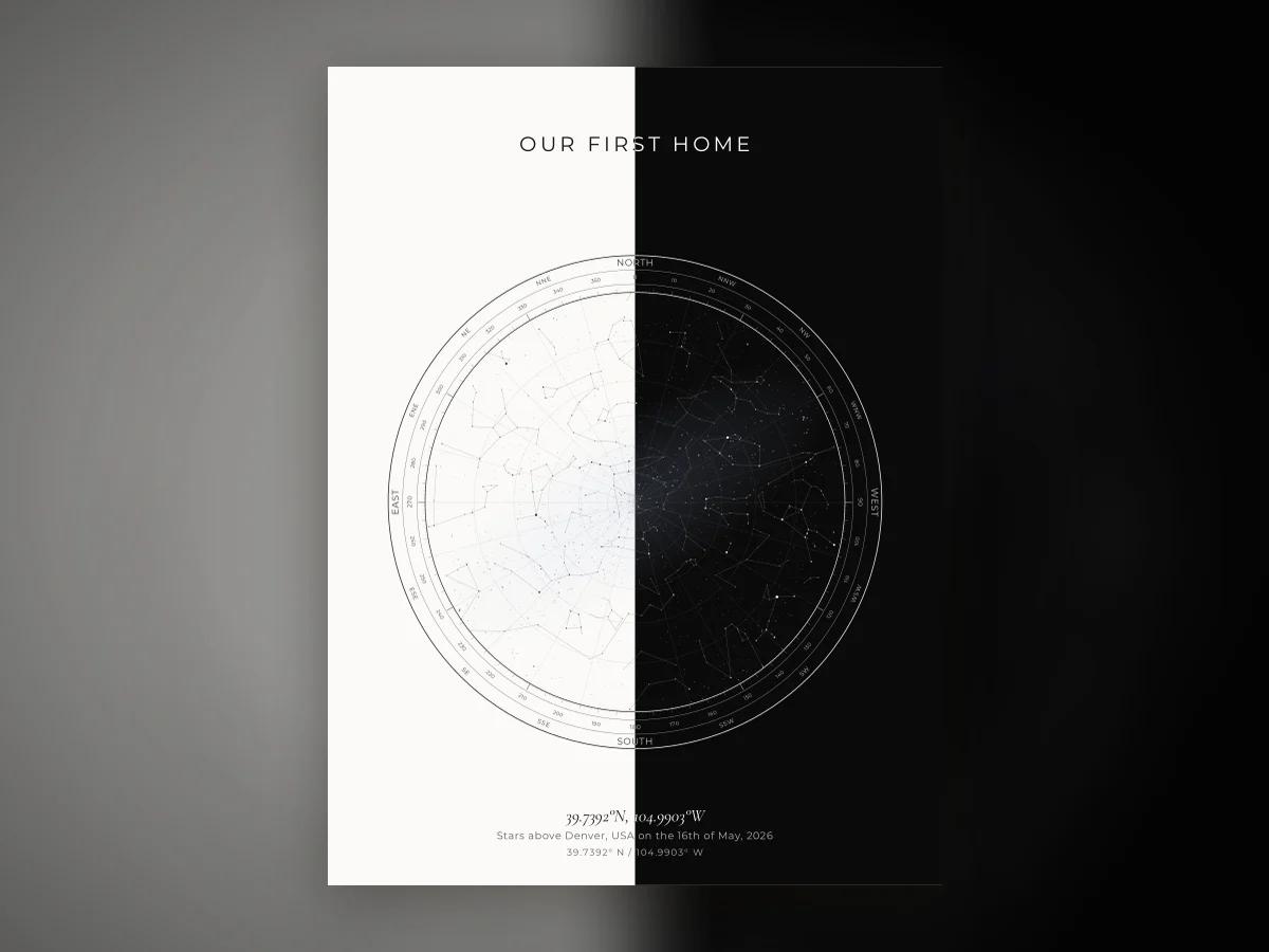 A finished new-home star map with an address and a date