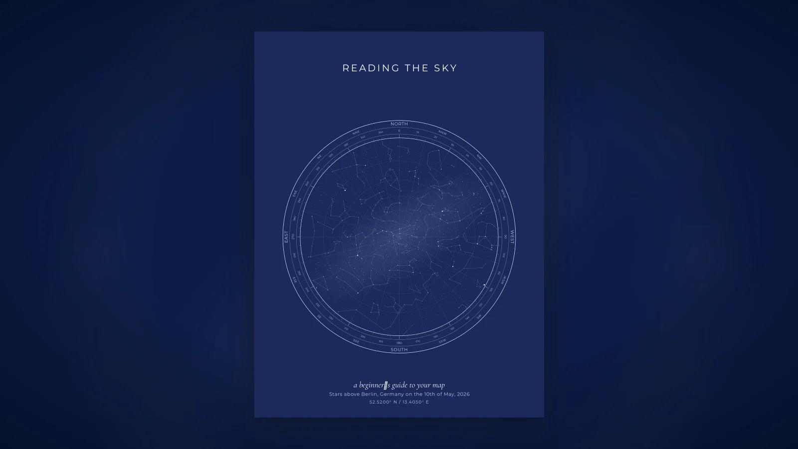 A star map with the horizon ring, compass points and constellation lines labelled