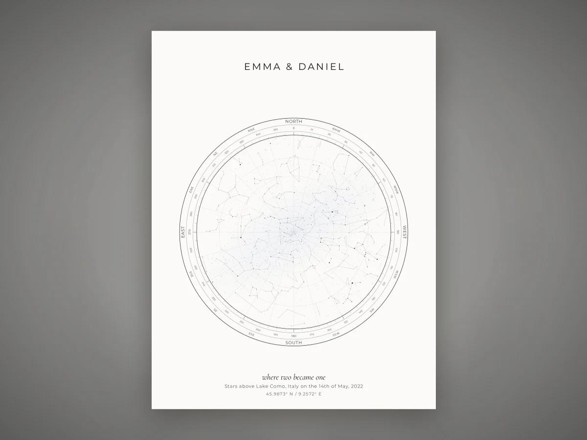 A star map printed with a couple's names and their wedding date