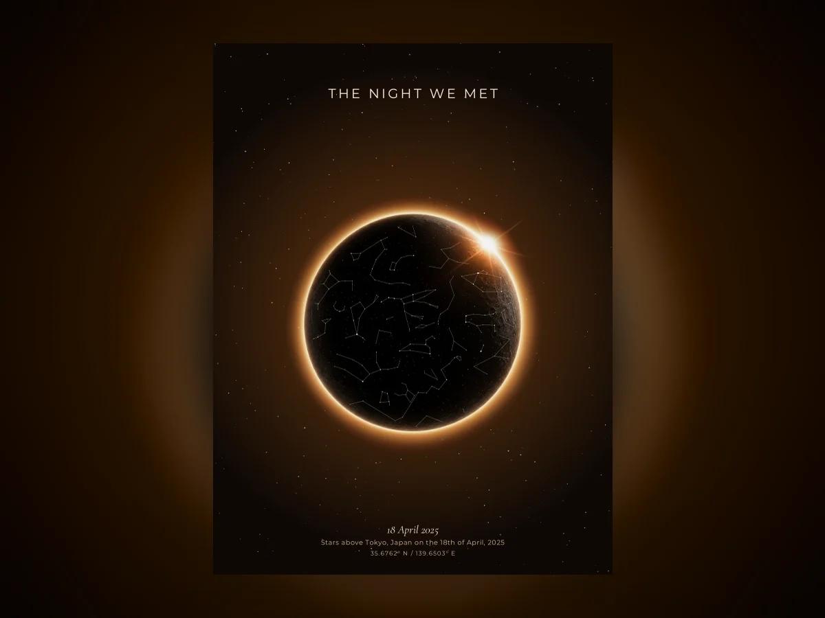 A star map of the night a long-distance couple met, before the distance began