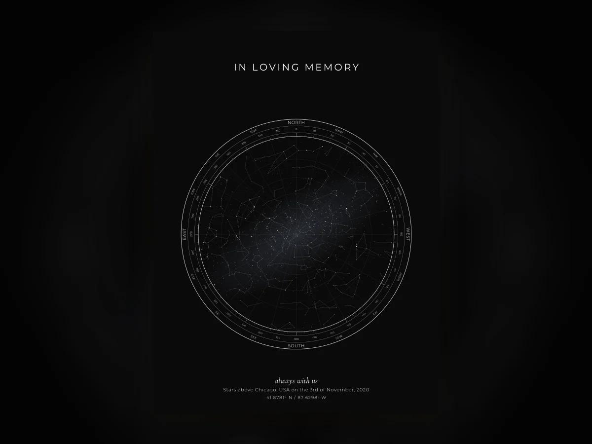 A restrained memorial star map with a name and a date, no other decoration