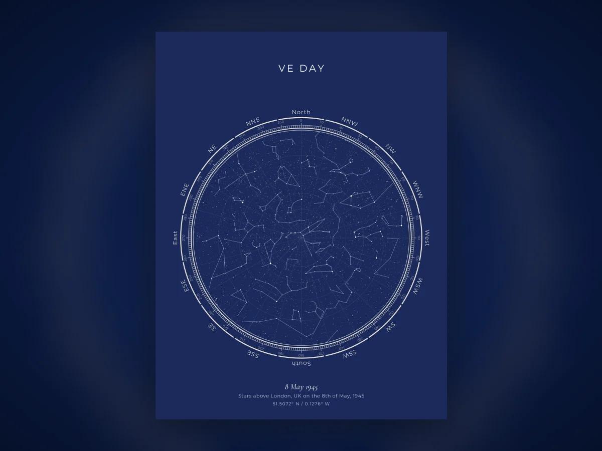 A star map showing the sky over London on the night of VE Day, 1945