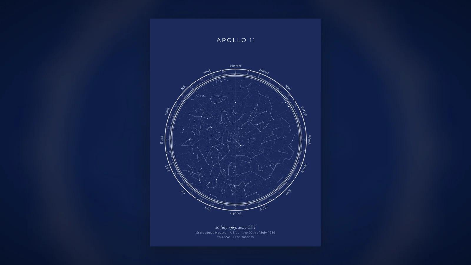 A star map showing the sky over Houston at the moment Apollo 11 landed on the Moon