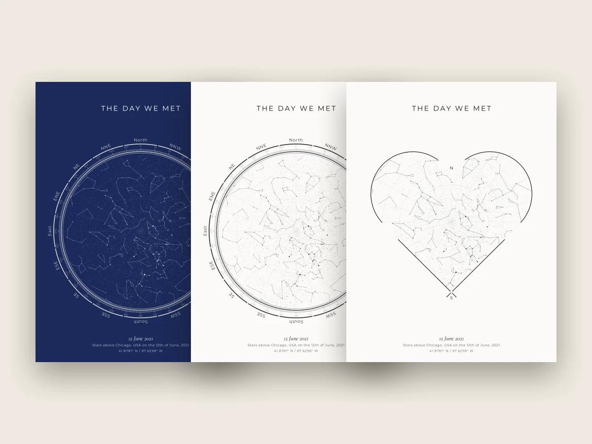 The same afternoon sky in three designs, one dark and two light