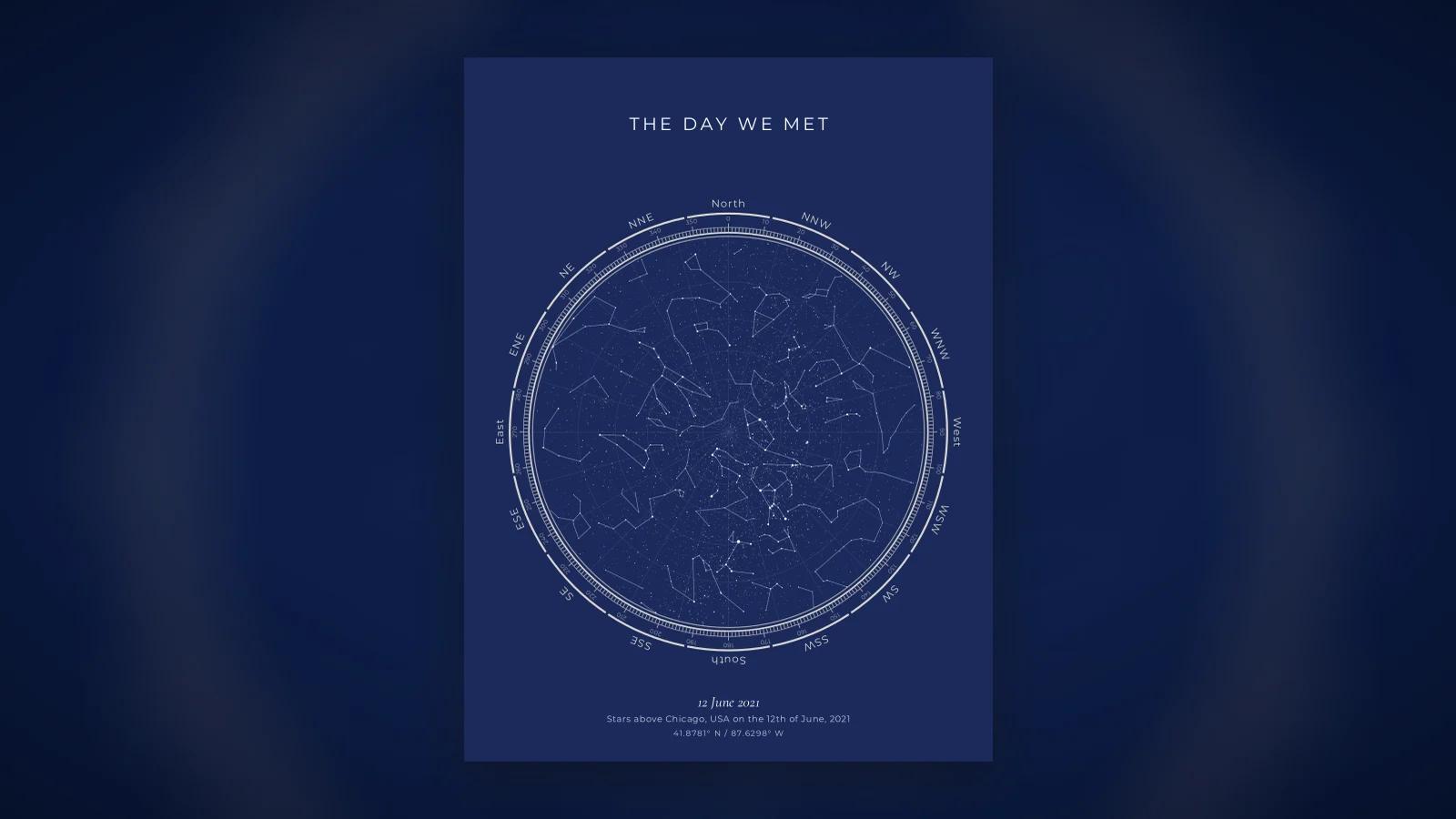 A star map of the sky above Chicago at 2:30 pm on the day a couple met