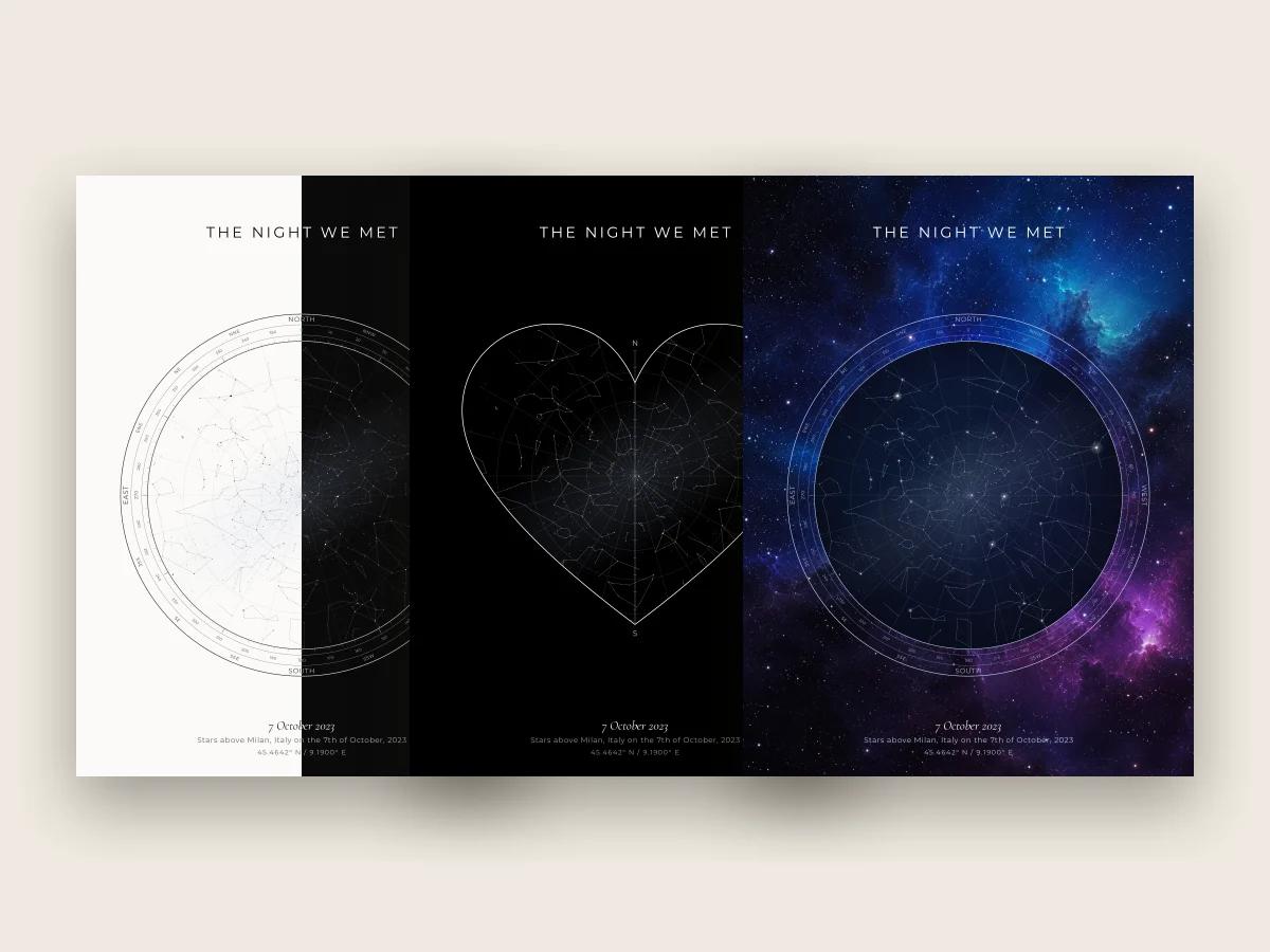 A star map of the night we met, shown in three design options