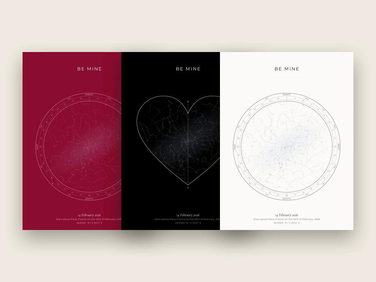 A star map keepsake in three colour options, shown side by side