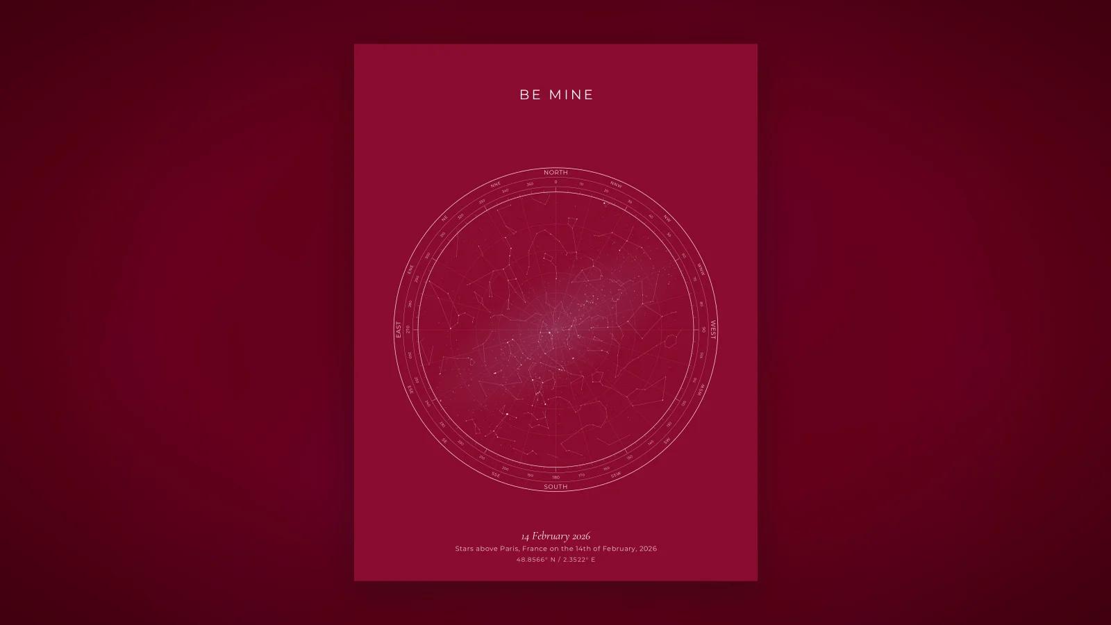 A star map of a couple's first Valentine's Day, printed in a crimson design