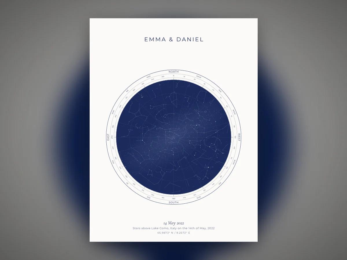 A star map alongside a handwritten card, given as a wedding gift
