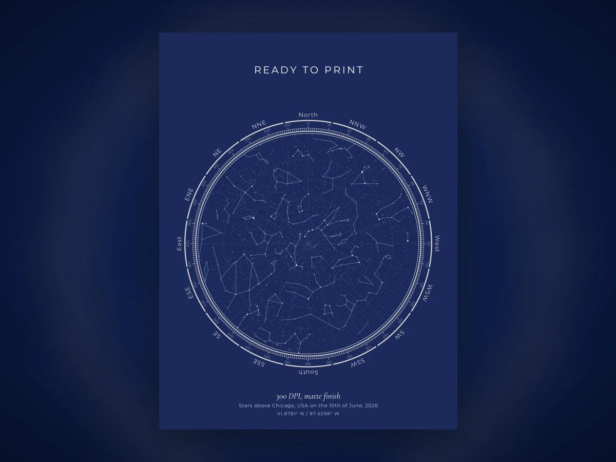 A printed star map poster, the kind of file most print shops handle well