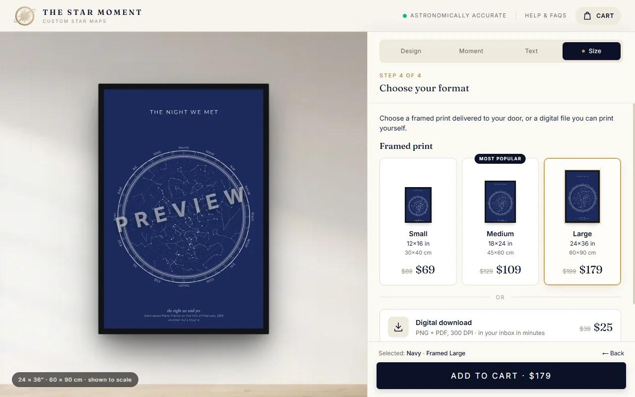 The Size step: three framed print sizes and the digital download, with prices
