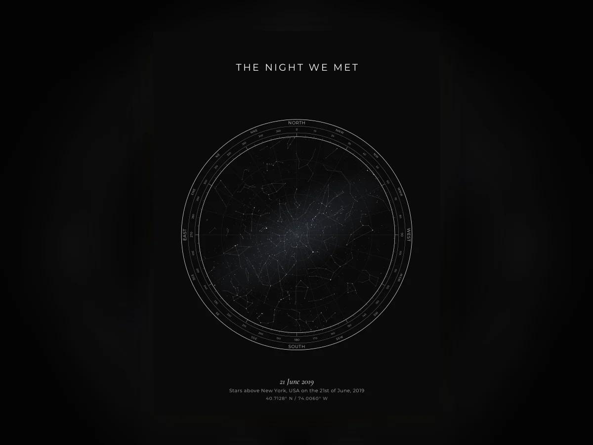A star map downloaded and shown on a phone, printed later at a local shop