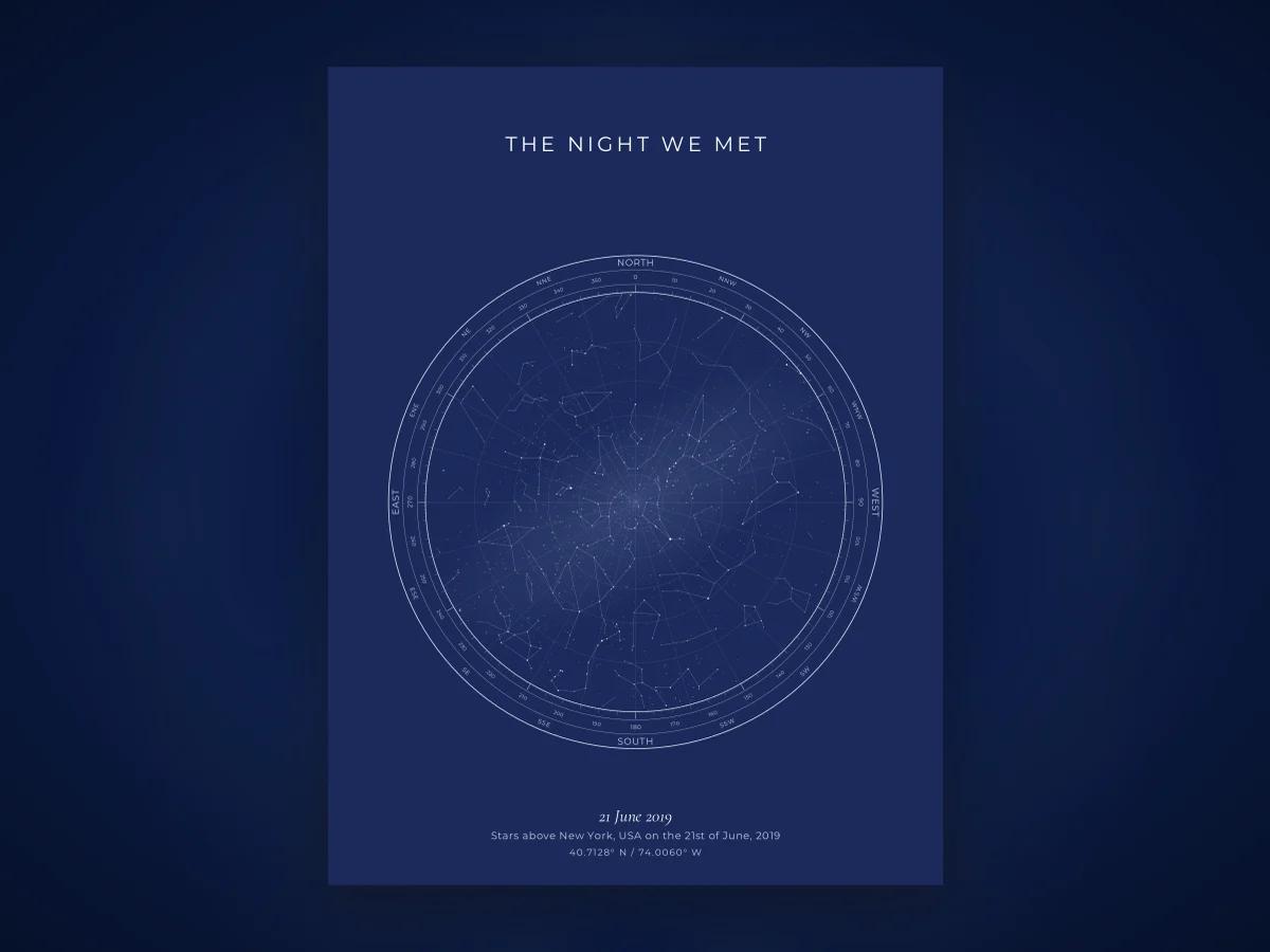 A finished star map with the date, place and coordinates set beneath it