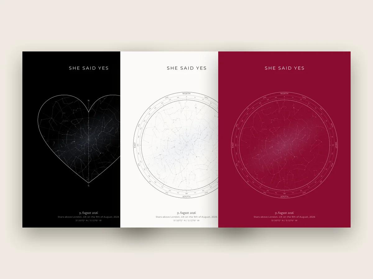 A star map of a proposal night in three design options