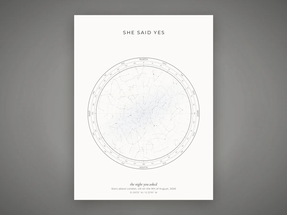 A finished engagement star map with the couple's names and the date