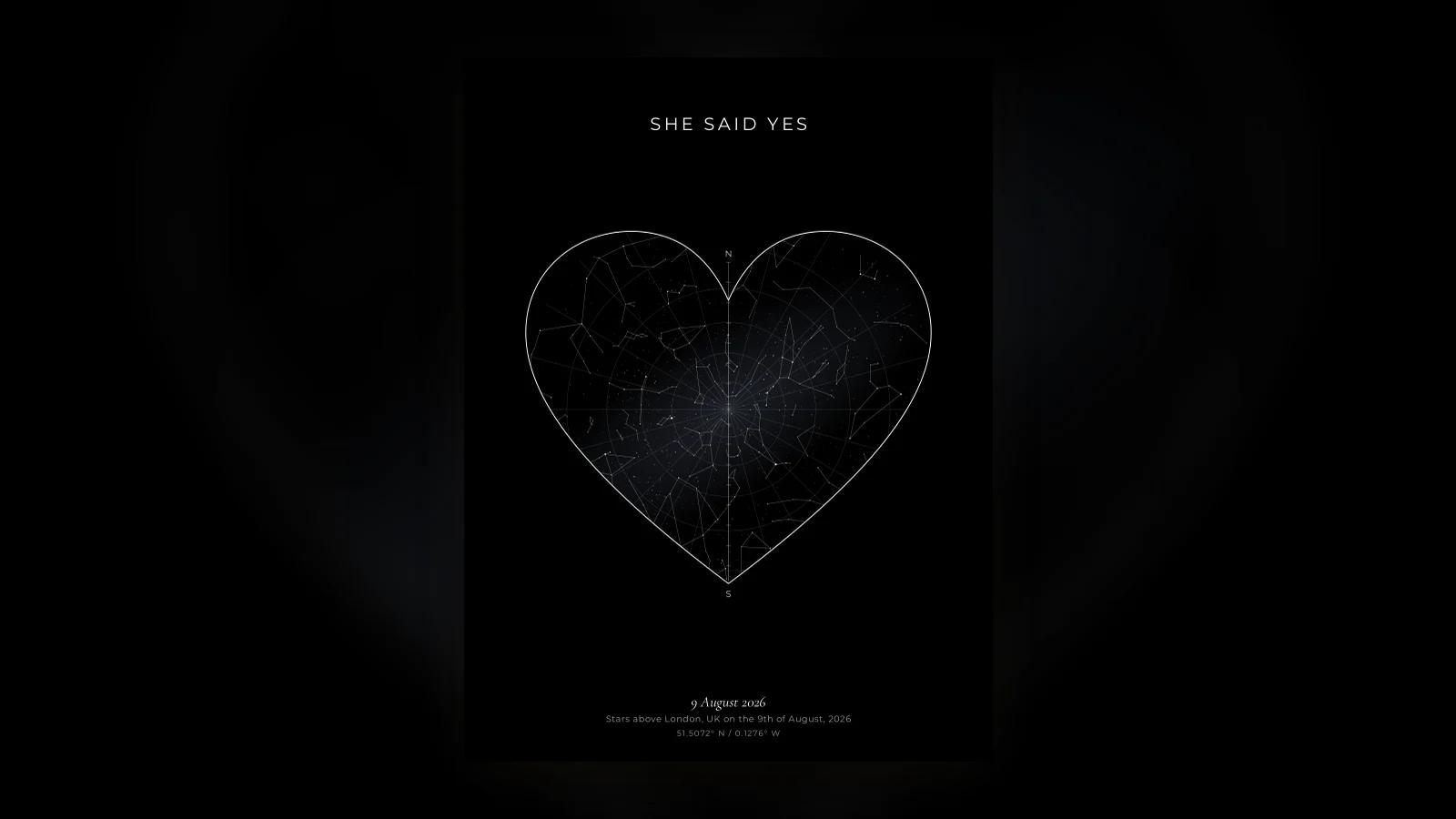 A star map of the night a couple got engaged, given as a gift to a best friend