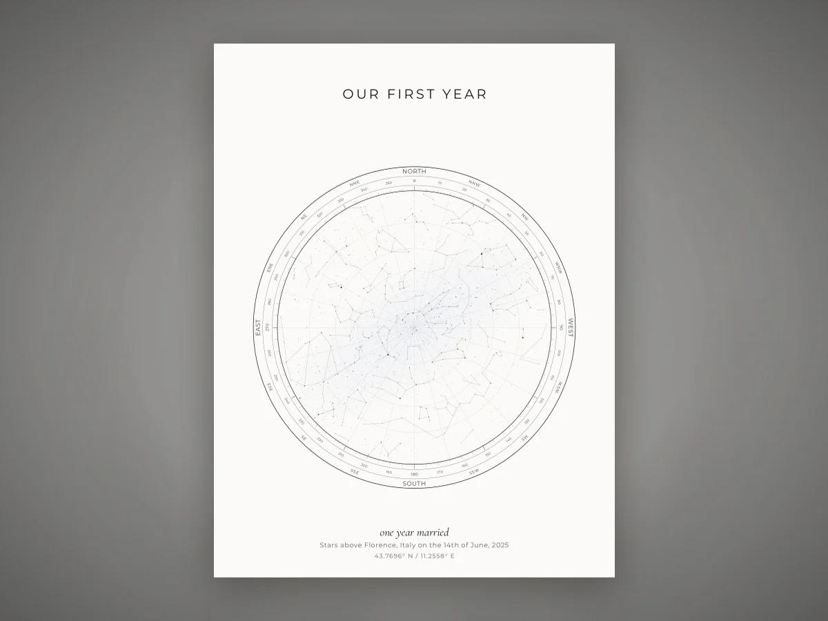 A paper star map printed with the wedding date and coordinates