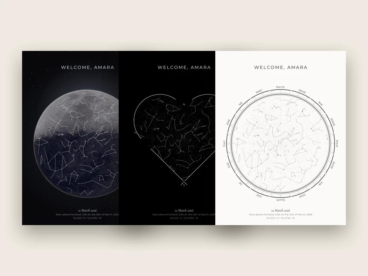 A star map keepsake of a baby’s birth night, three design options shown together