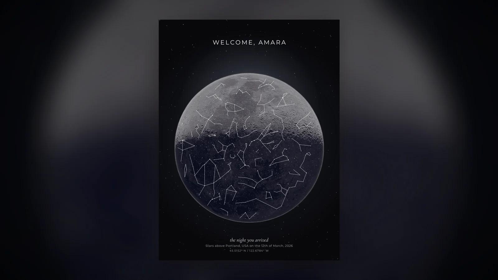 A star map showing the sky the night a new baby arrived, a keepsake gift for new parents