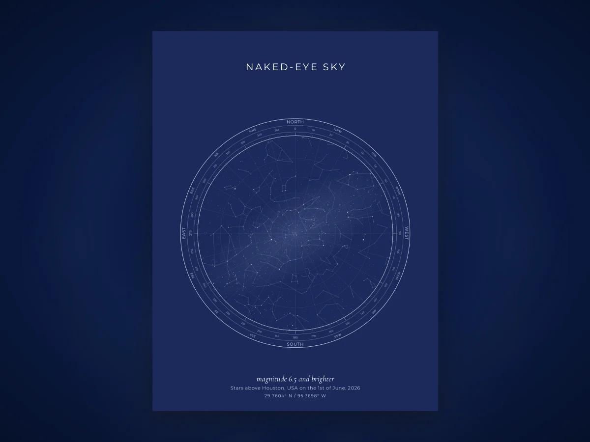 A star map showing stars to naked-eye magnitude, computed for one exact place and time