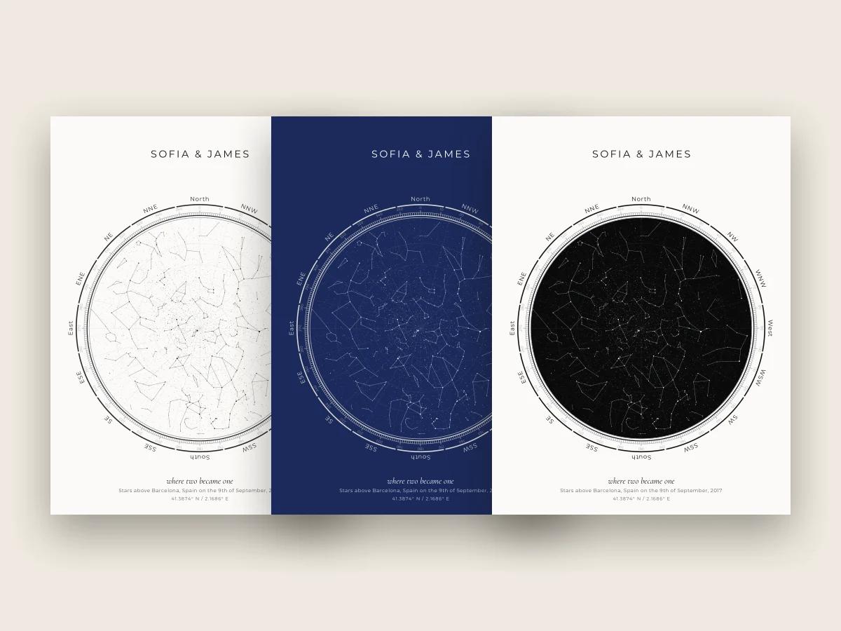 Three star maps of the same night in different designs