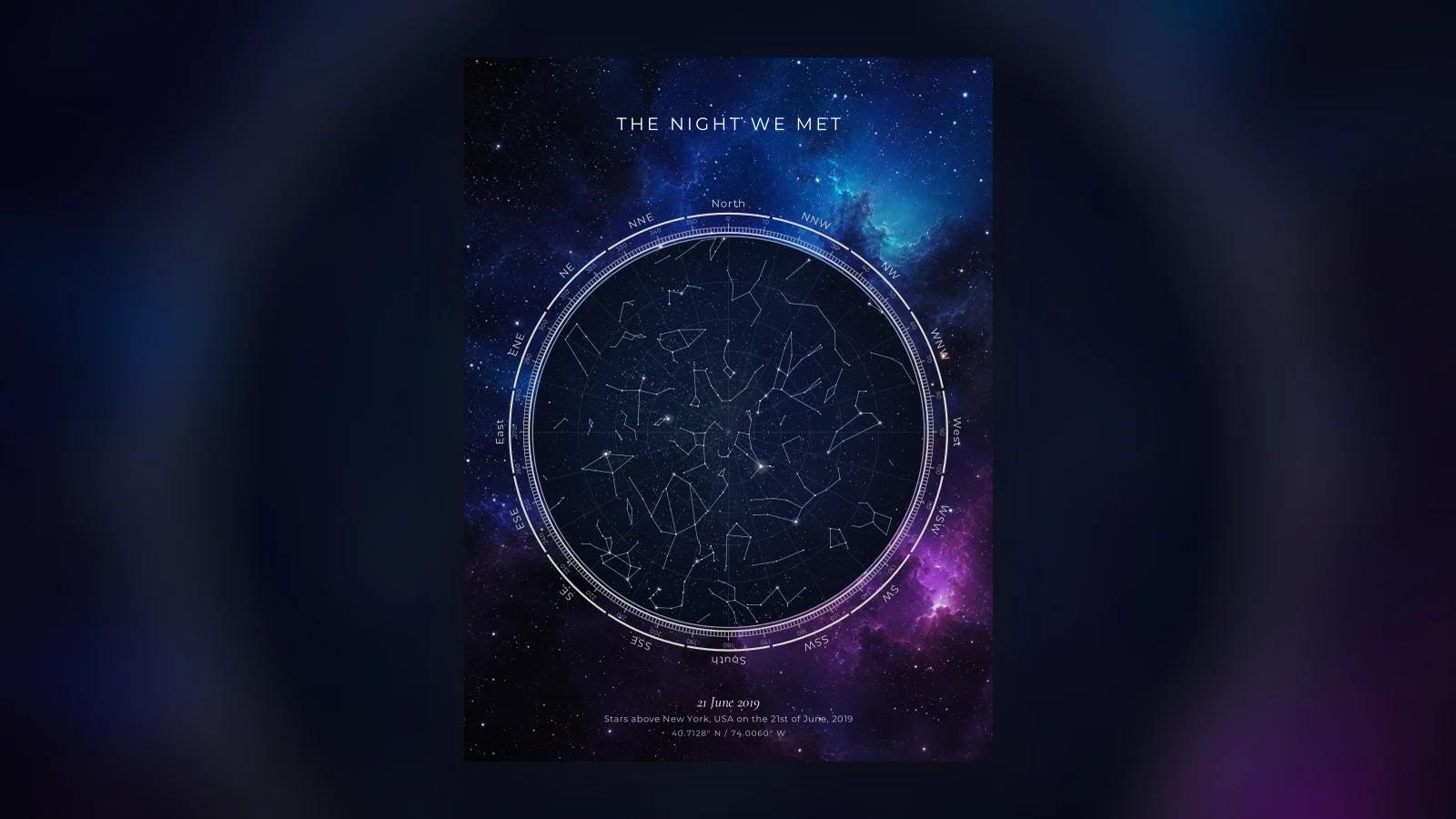 A star map of a wedding night, printed and framed above a side table
