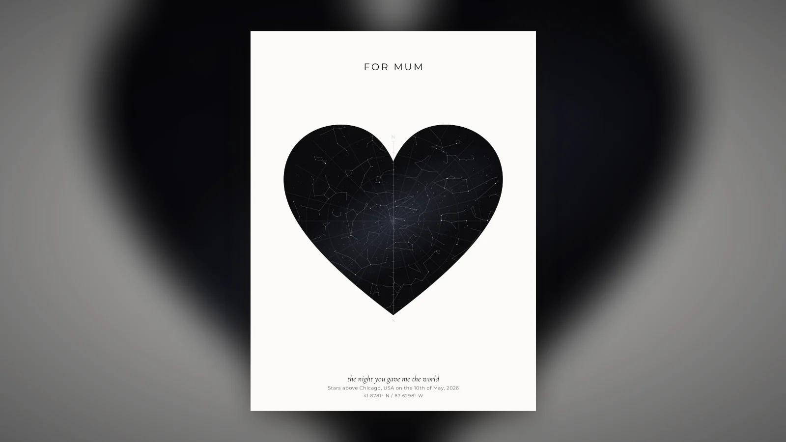 A star map given as a Mother's Day gift, showing the sky the night a child was born