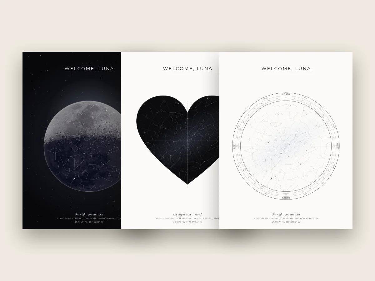 A row of star maps of the same family’s children, matched for a shared wall