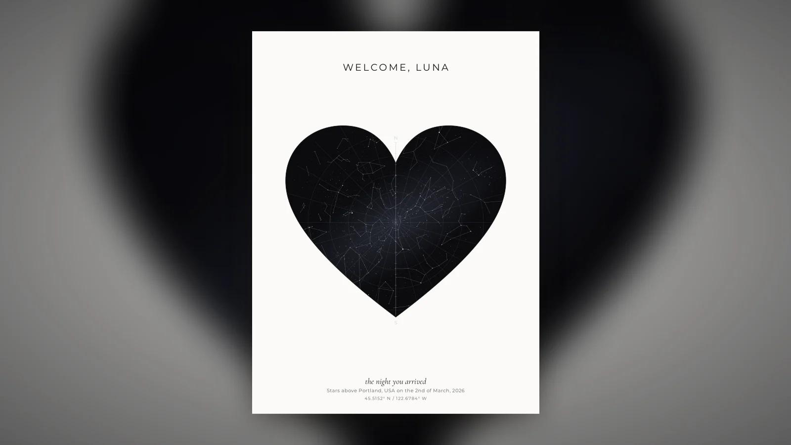 A heart-shaped star map with a baby’s name, made for a nursery wall