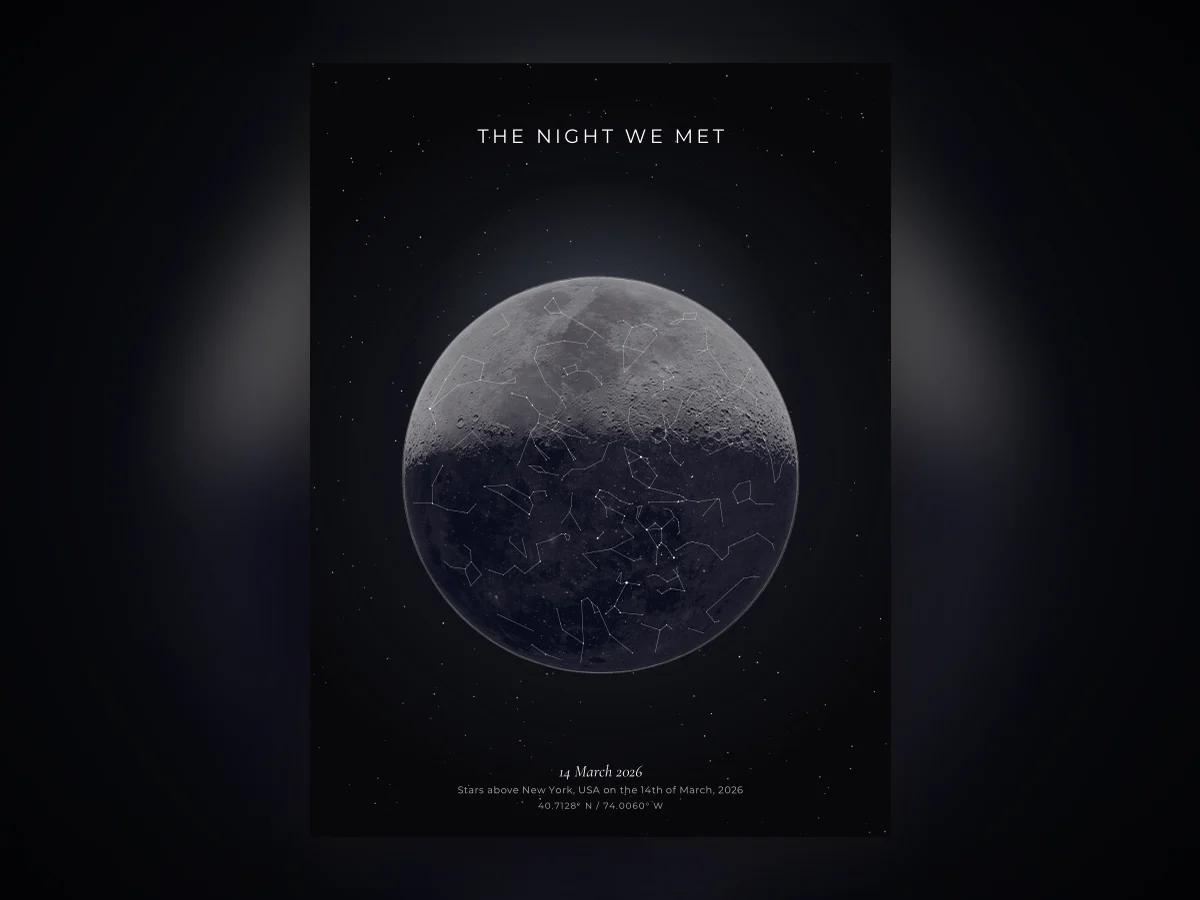 A star map and a moon phase print of the same date and place, shown together