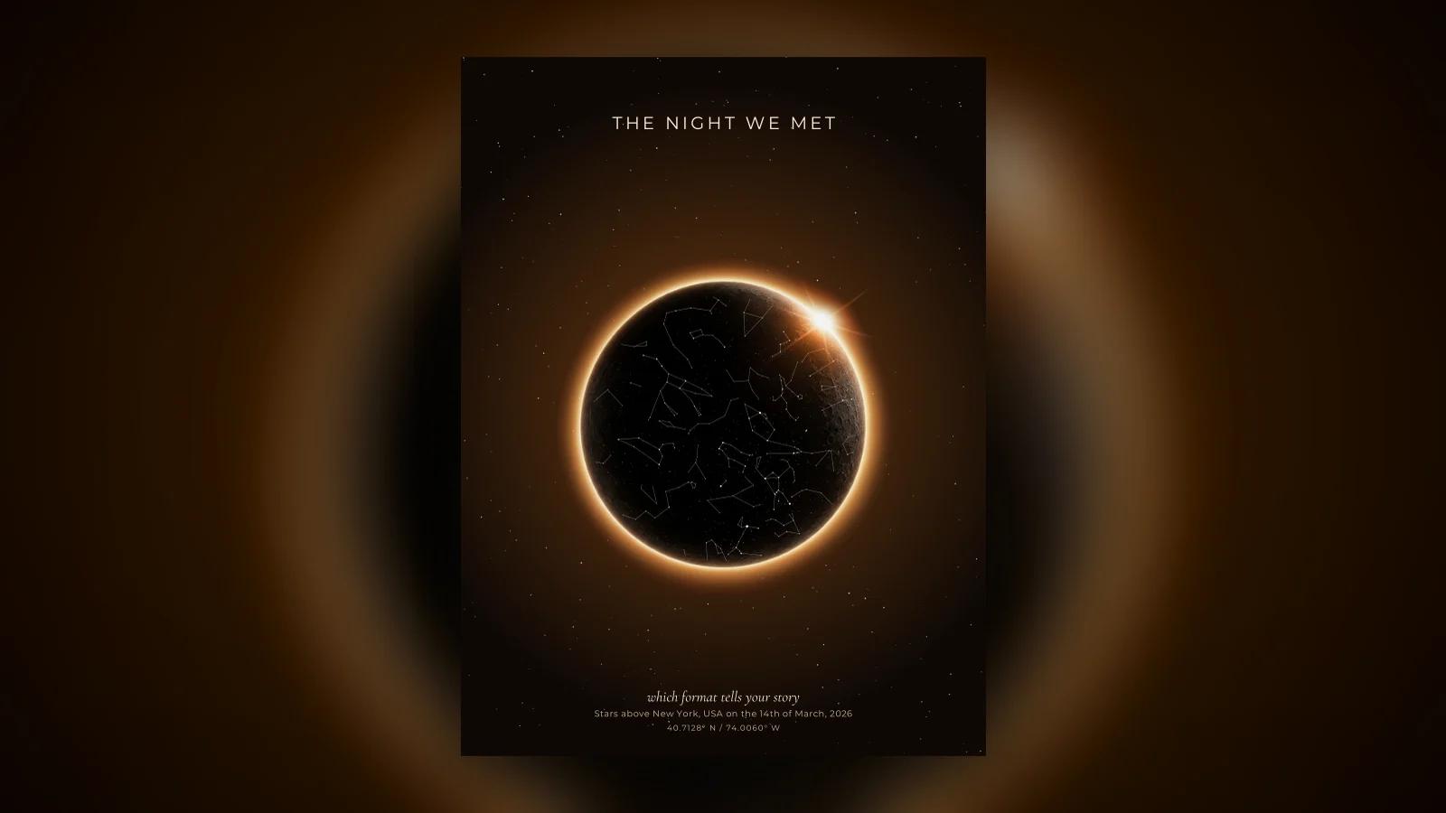A star map shown beside a moon phase print, comparing the two personalised gift formats