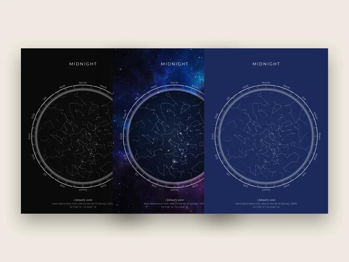 The same midnight sky above New York drawn in three designs