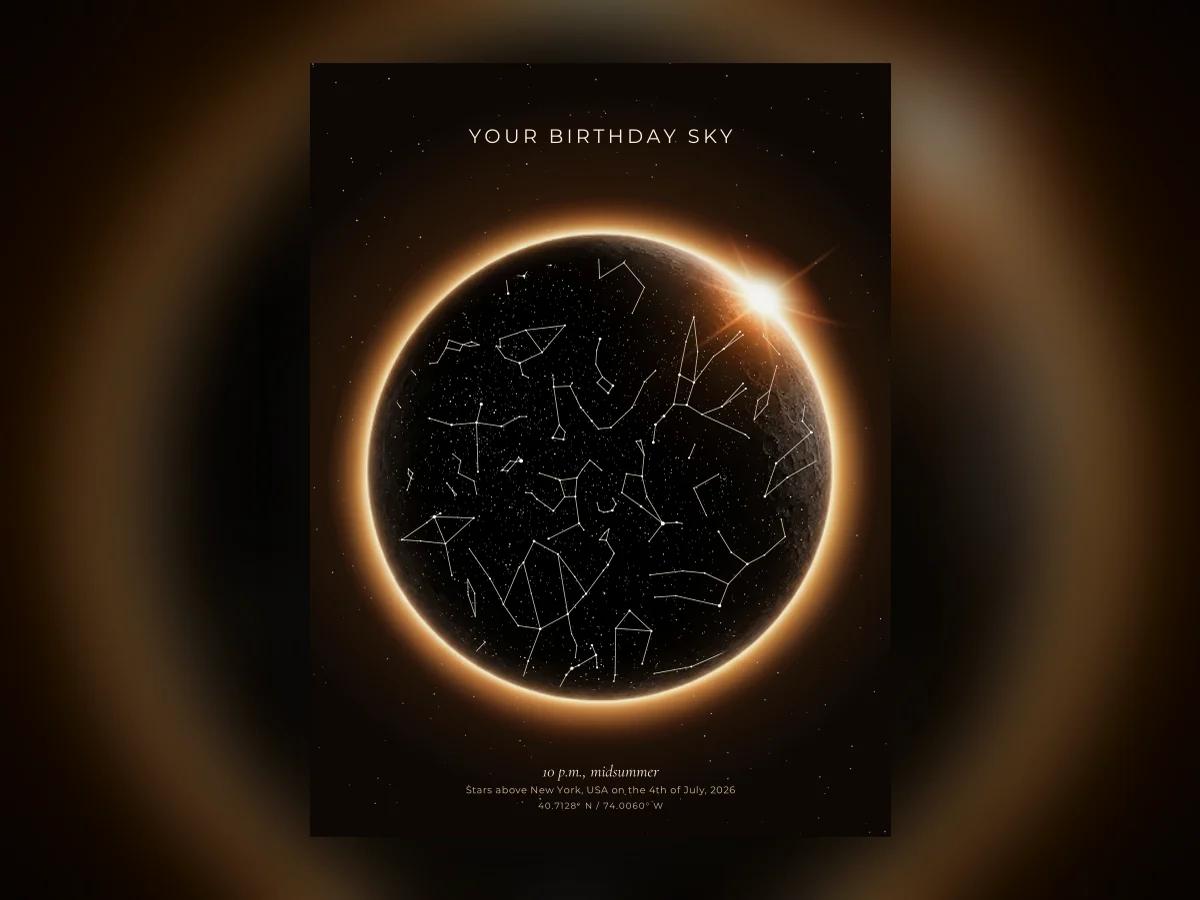 A star map showing the sky at 10 p.m. on a summer birthday