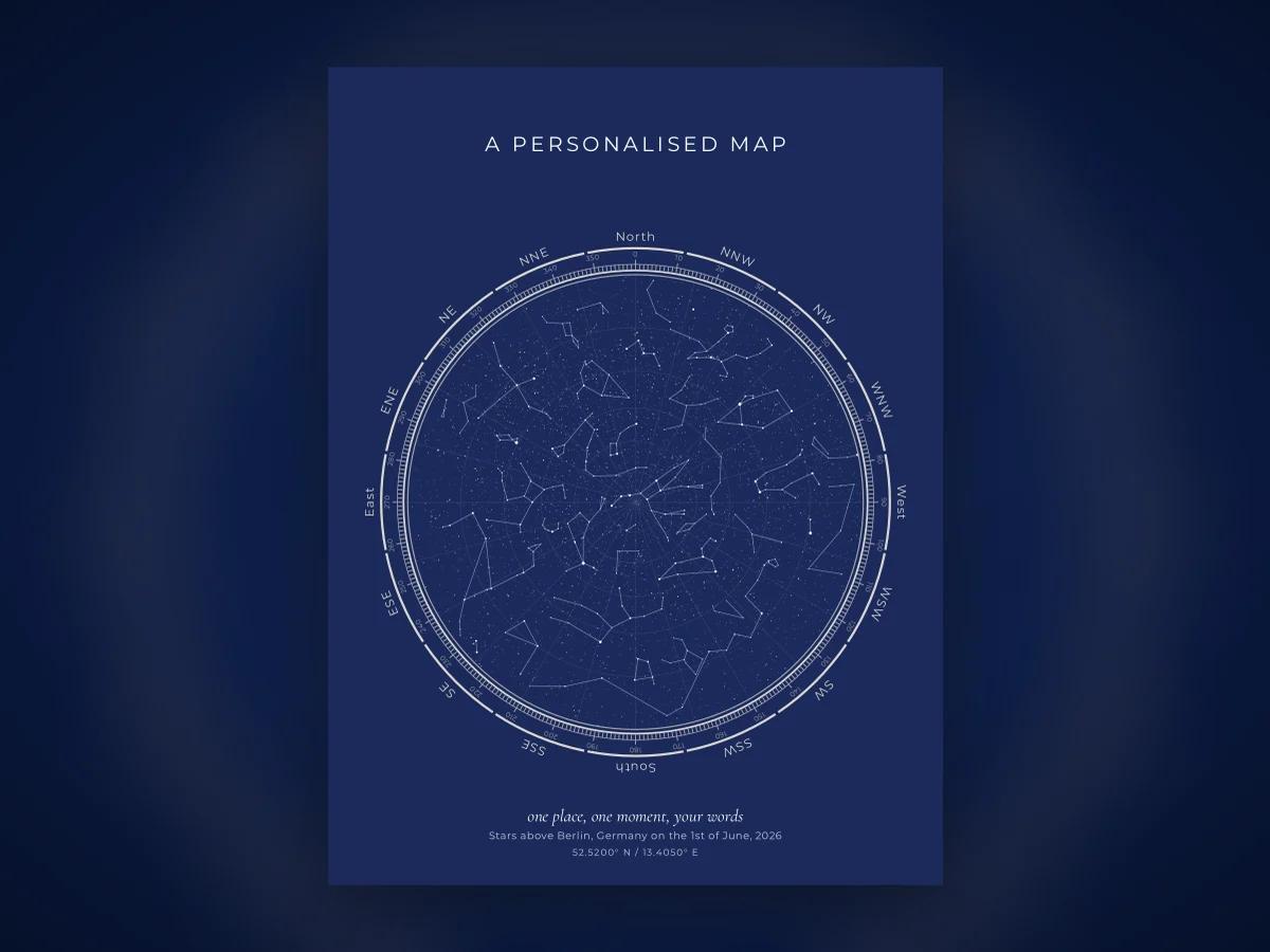 A personalised star map bearing a title and a date, the modern sense of the term