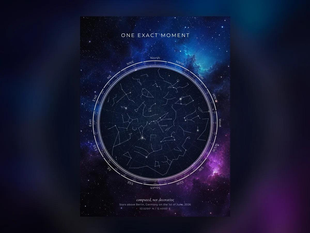 A finished personalised star map, computed for one exact place and moment
