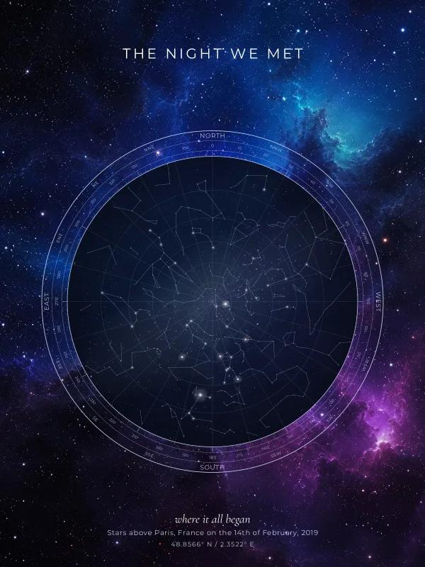 A digital star map, Galaxy design, the night we met in Paris