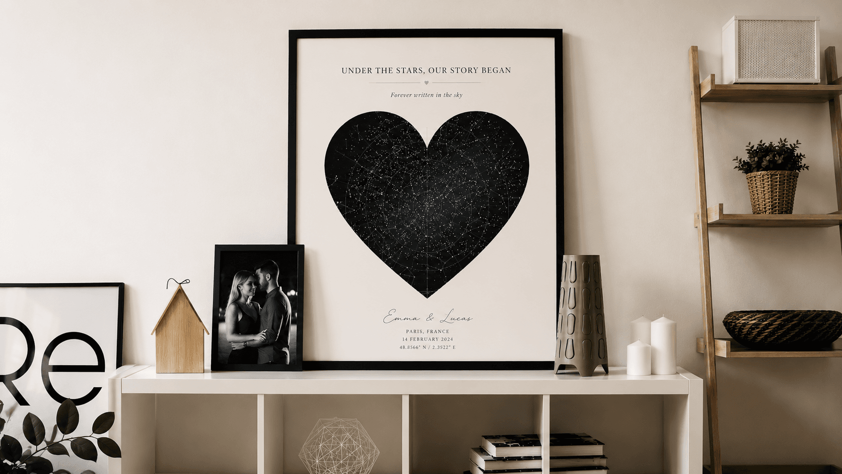 A custom star map, framed and styled in a modern home
