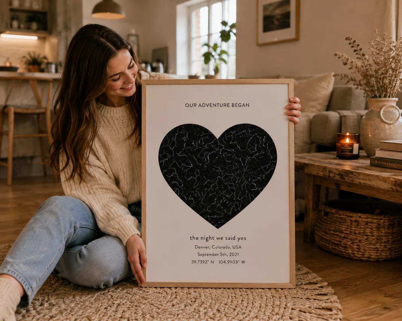 Another framed pet memorial star map in a living room