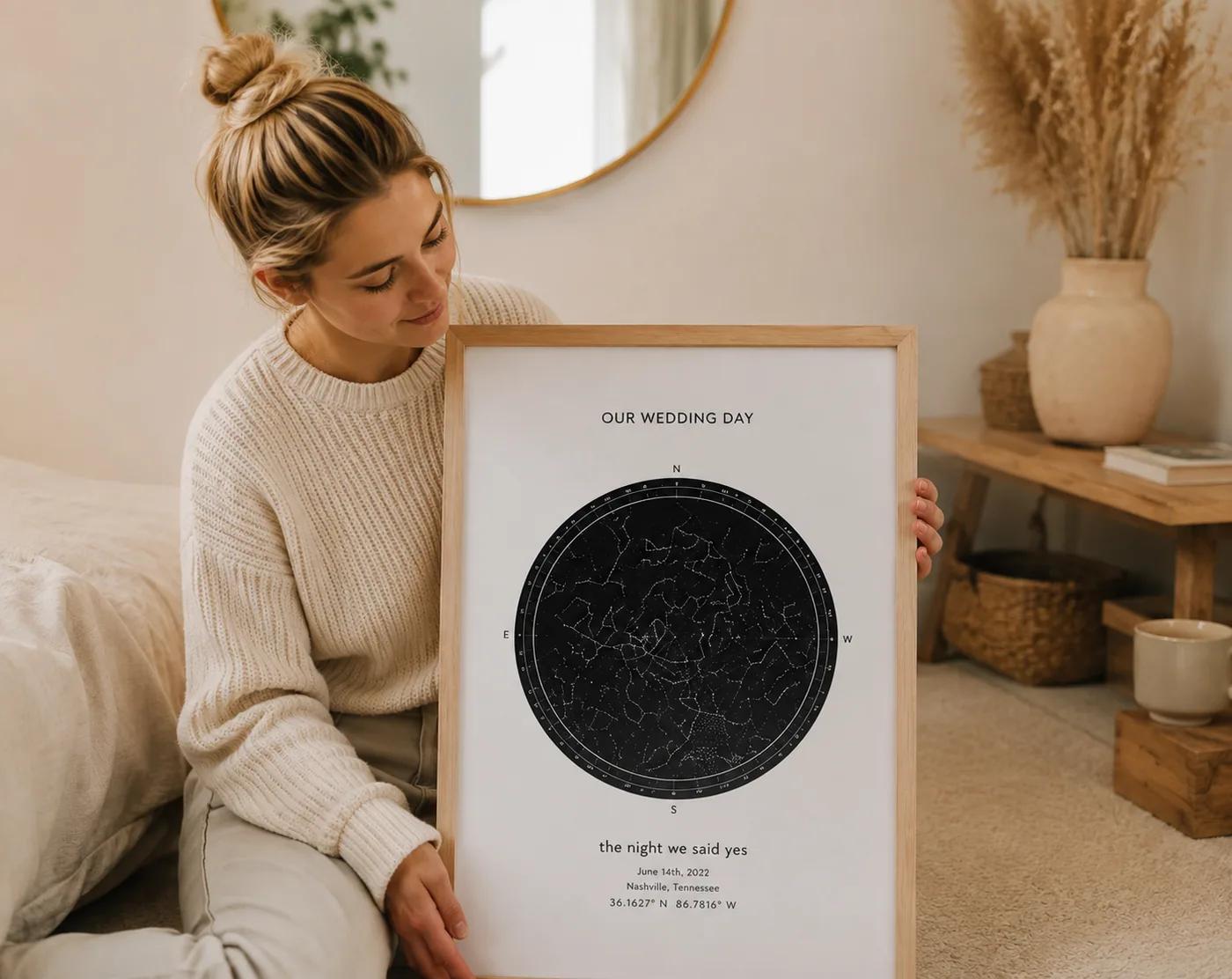 Another framed custom star map in a living room